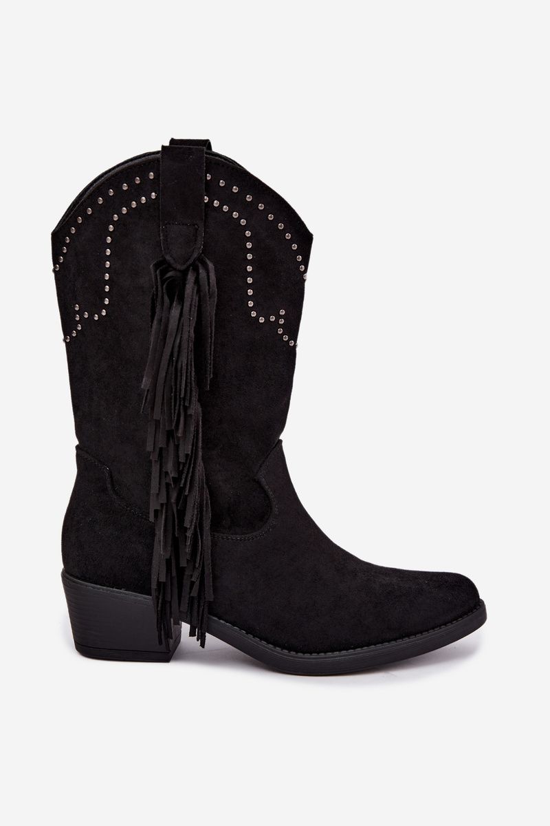 Schwarze Ankle Boots mit Fransen und Absatzverzierung