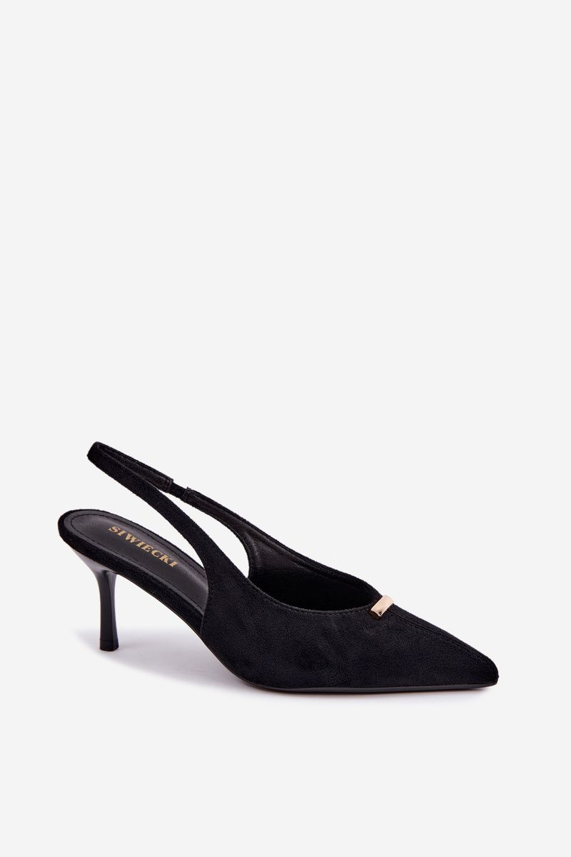 Schwarze Pumps mit offener Ferse und goldenem Detail am Stilettoabsatz