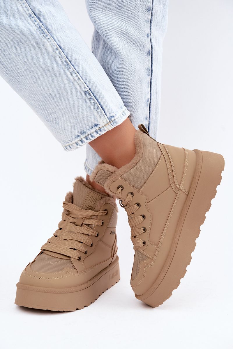 Schnür-Snowboots mit Fell beige