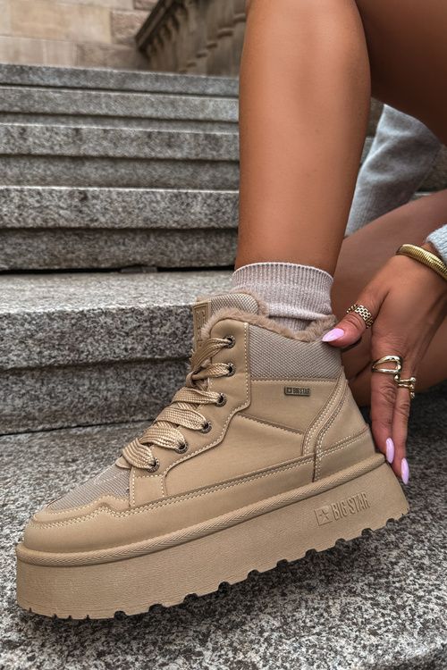 Schnür-Snowboots mit Fell beige
