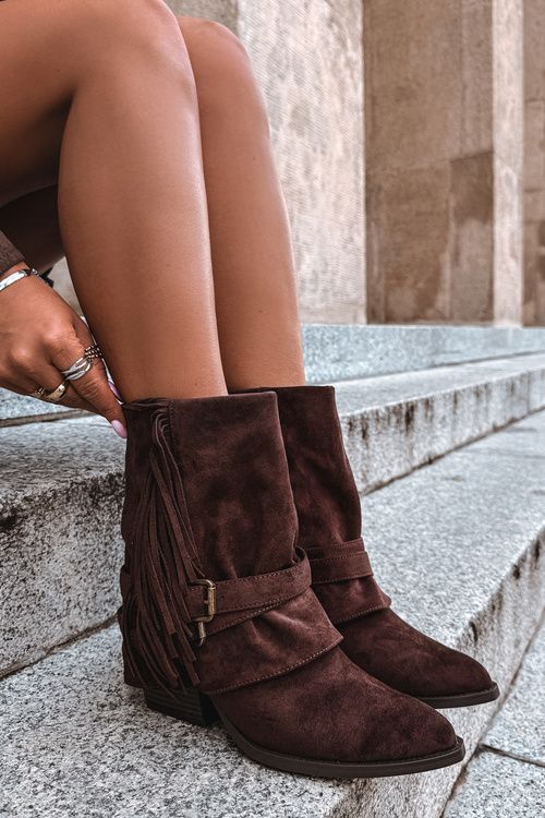 Cowboy-Stiefelette mit Blockabsatz, Fransen und umgeschlagenem Schaft, braun
