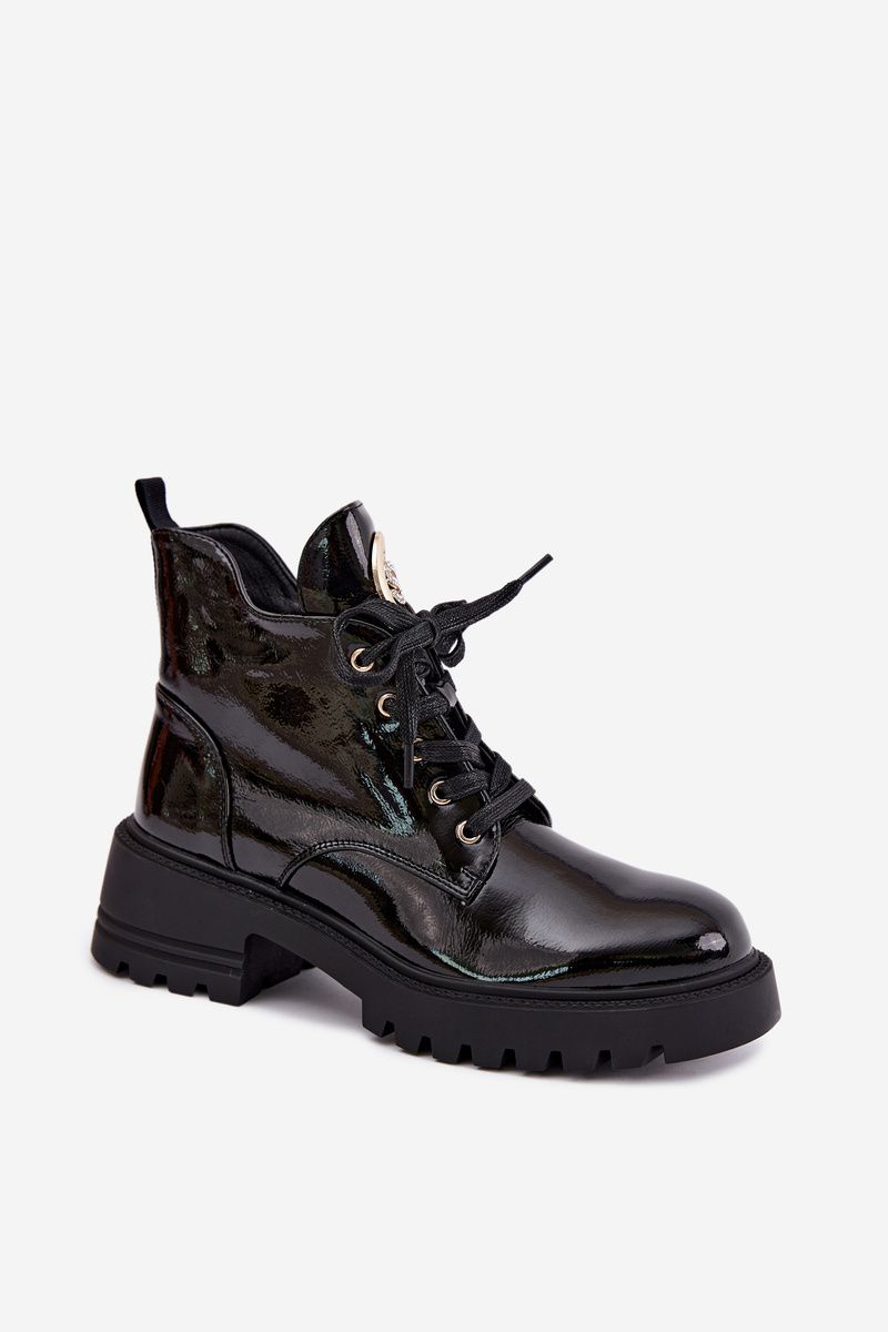 Lackierte gefütterte Stiefelette mit goldenem Detail schwarz