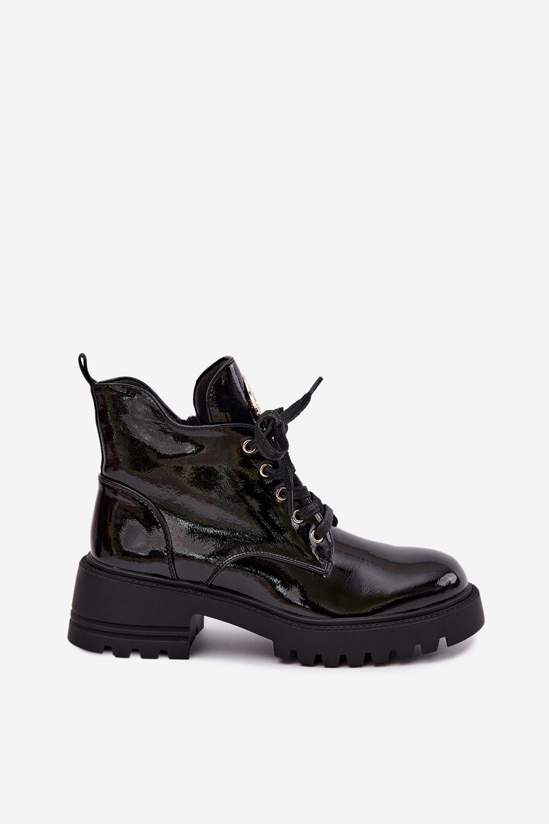Lackierte gefütterte Stiefelette mit goldenem Detail schwarz