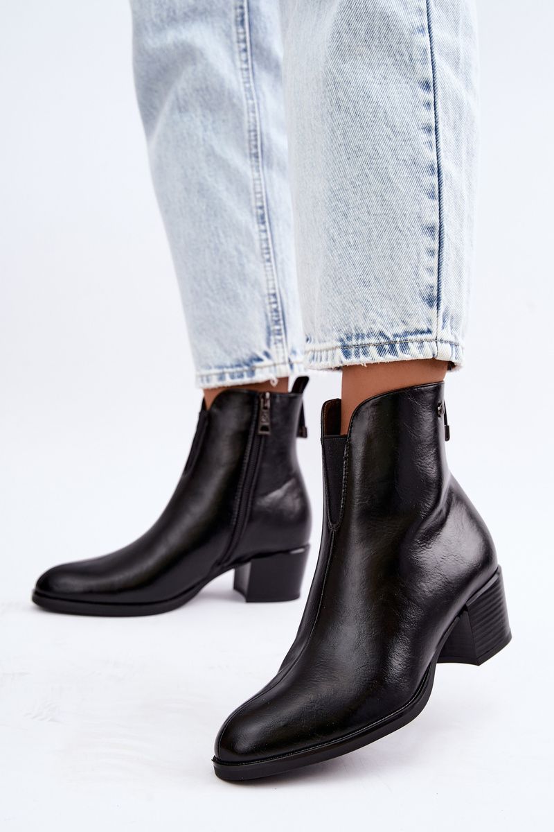 Gefütterte Stiefelette mit Blockabsatz, schwarz, Kunstleder