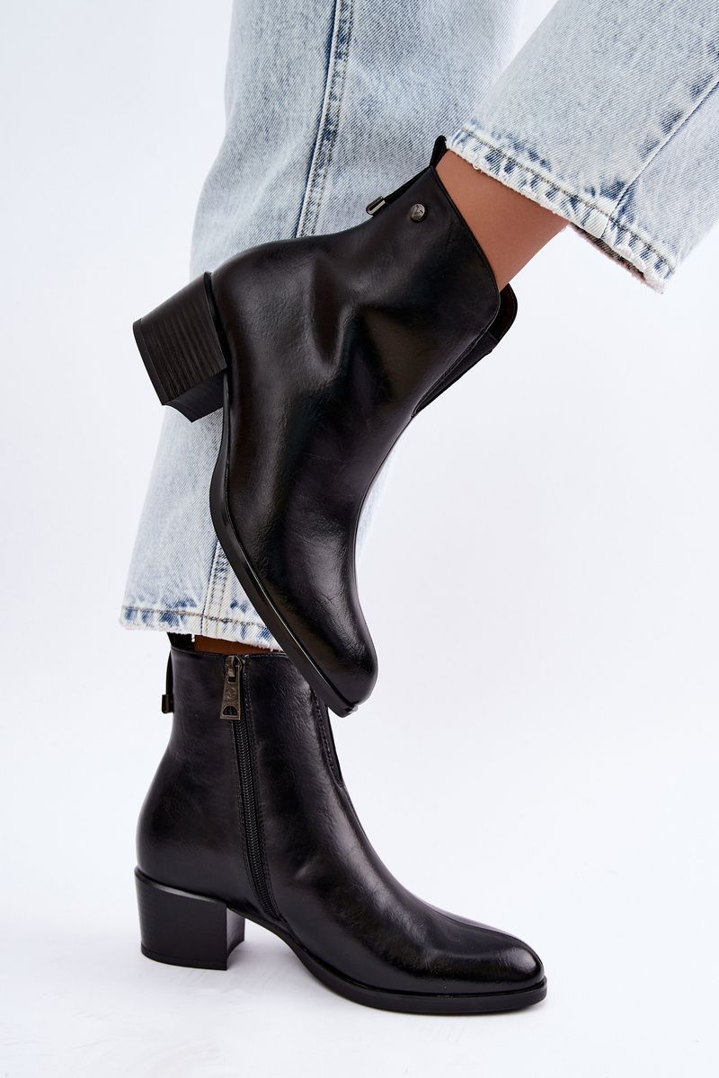 Gefütterte Stiefelette mit Blockabsatz, schwarz, Kunstleder