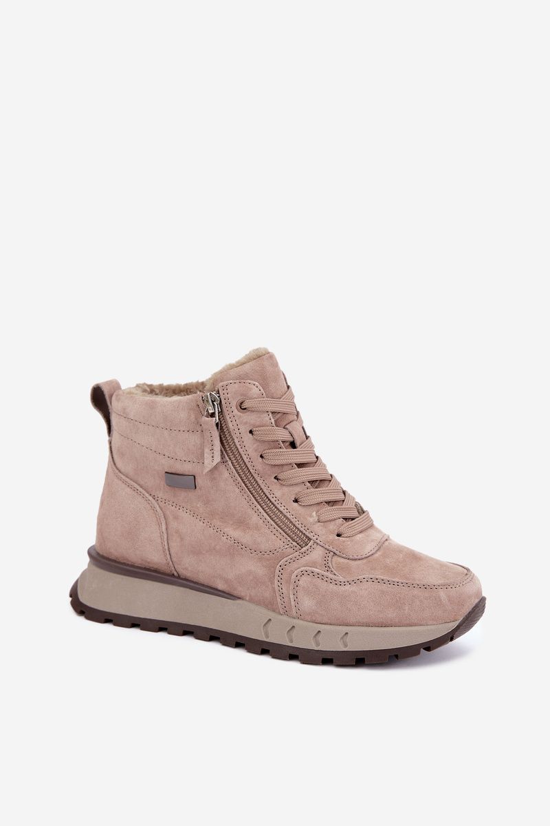 Beige gefütterte Ankle Boots aus echtem Veloursleder mit Plateau