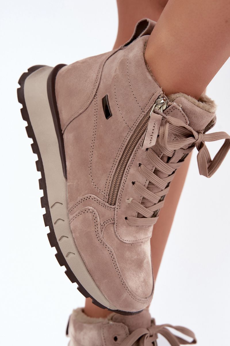 Beige gefütterte Ankle Boots aus echtem Veloursleder mit Plateau