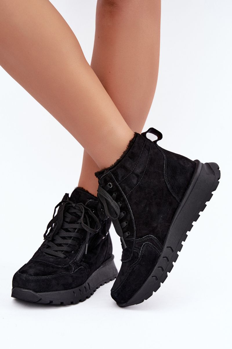 Schwarze gefütterte Ankle Boots aus echtem Veloursleder mit Plateau