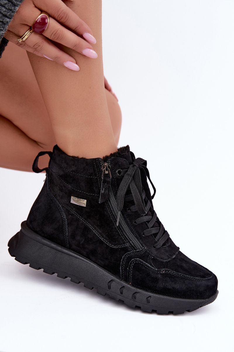 Schwarze gefütterte Ankle Boots aus echtem Veloursleder mit Plateau
