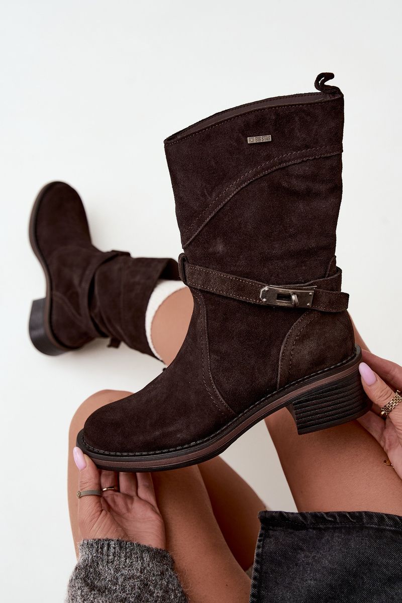Gefütterte Stiefelette aus Wildleder mit Blockabsatz, braun