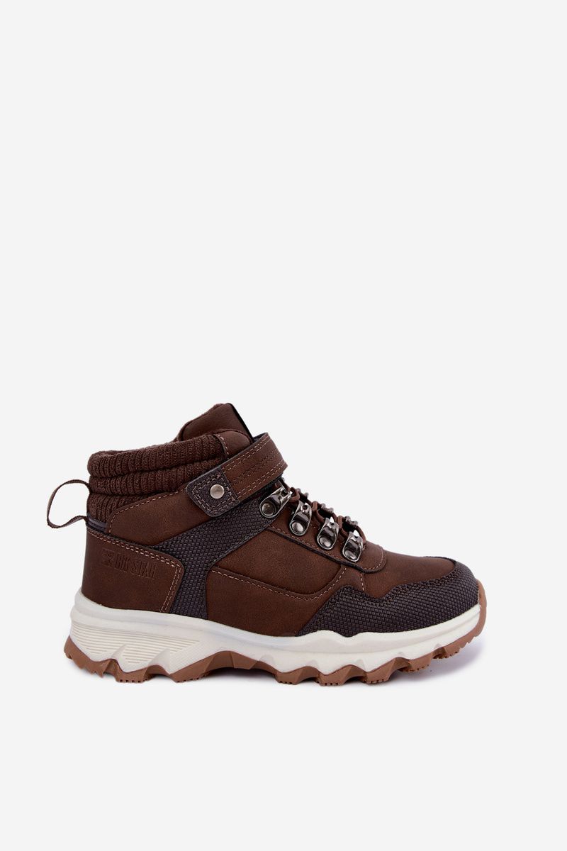 Gefütterte braune Trekkingschuhe mit Klettverschluss aus Kunstleder
