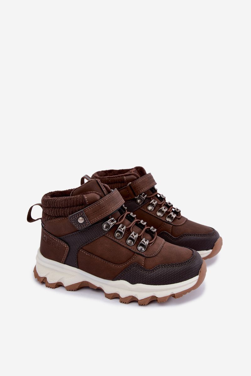 Gefütterte braune Trekkingschuhe mit Klettverschluss aus Kunstleder