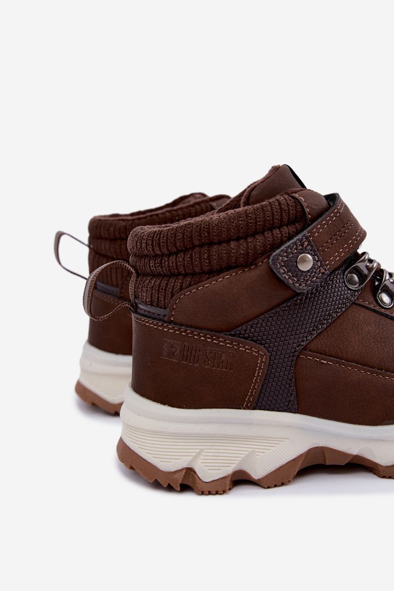 Gefütterte braune Trekkingschuhe mit Klettverschluss aus Kunstleder