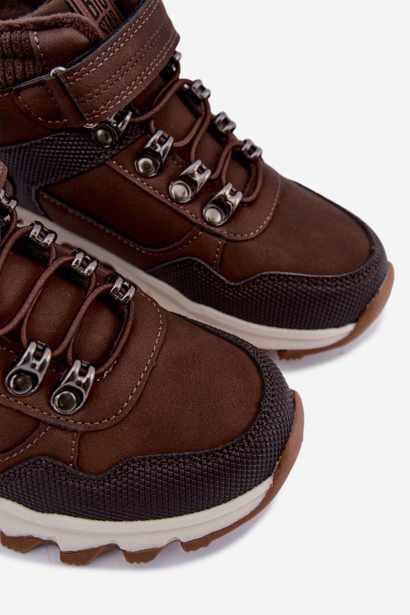 Gefütterte braune Trekkingschuhe mit Klettverschluss aus Kunstleder