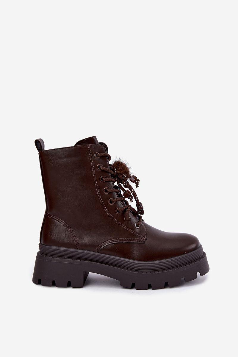 Braune Ankle-Boots im Worker-Stil mit Bommel und Plateausohle