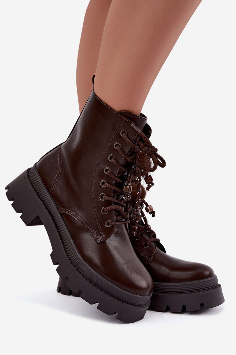 Braune Ankle-Boots im Worker-Stil mit Bommel und Plateausohle