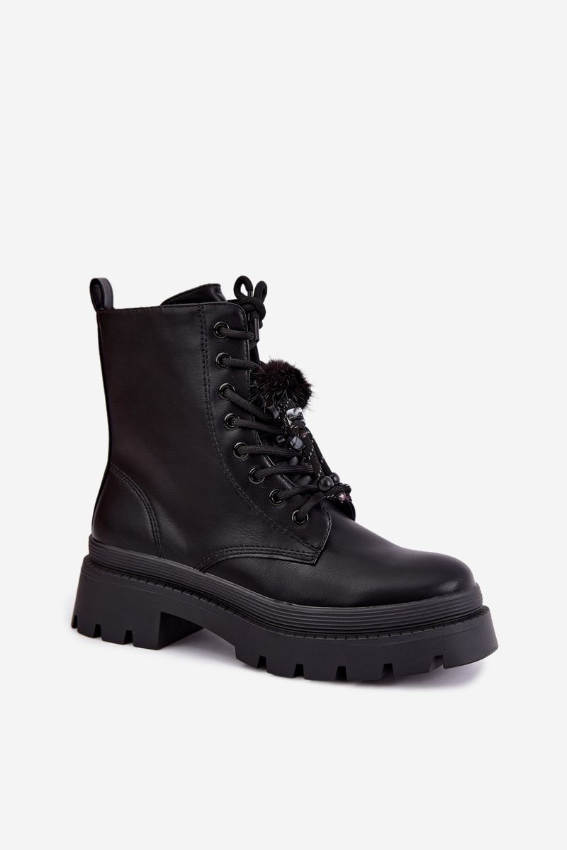 Schwarze Ankle-Workery mit Plateau und dekorativem Bommel