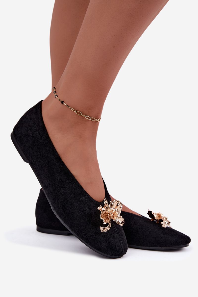 Schwarze Ballerinas mit Schmuckverzierung aus Velourslederimitat