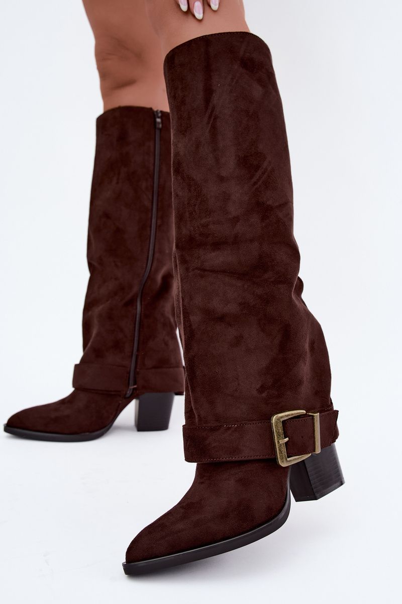 Stiefel mit Blockabsatz, umgeschlagenem Schaft und Schnalle, braun
