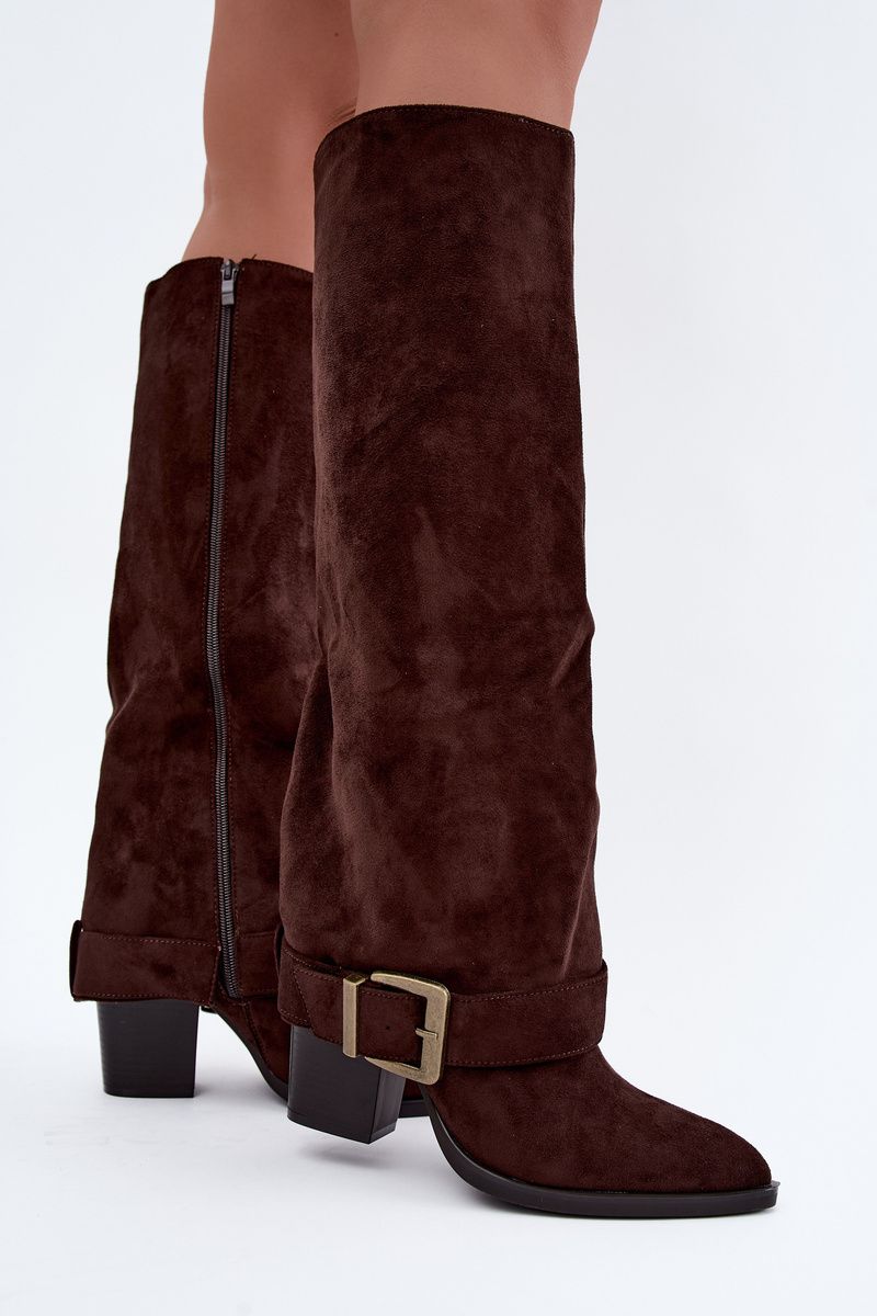 Stiefel mit Blockabsatz, umgeschlagenem Schaft und Schnalle, braun