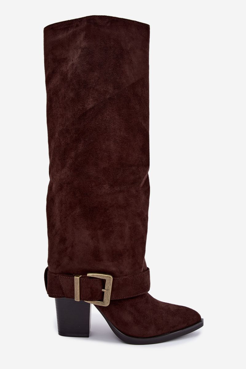 Stiefel mit Blockabsatz, umgeschlagenem Schaft und Schnalle, braun