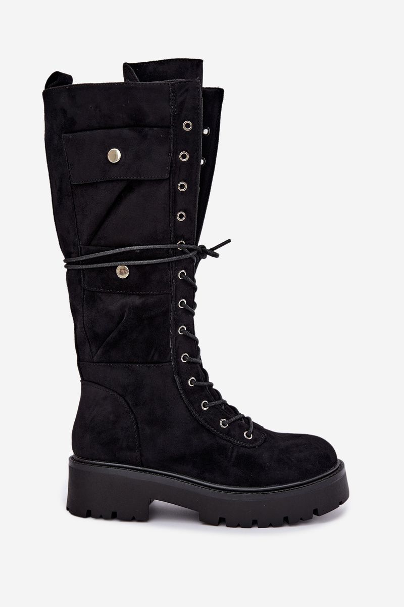 Schnürstiefel mit Plateau, gefüttert, schwarz
