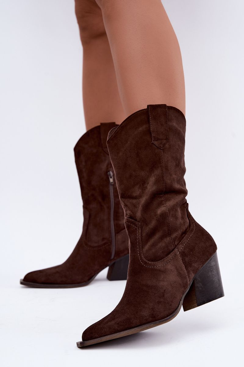 Braune Ankle Boots aus Velourslederimitat mit Blockabsatz