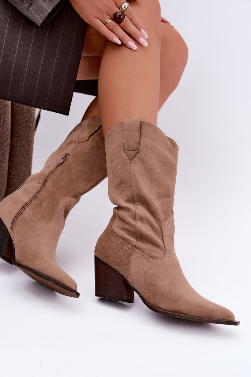 Beige Stiefelette mit Blockabsatz aus Velourslederimitat