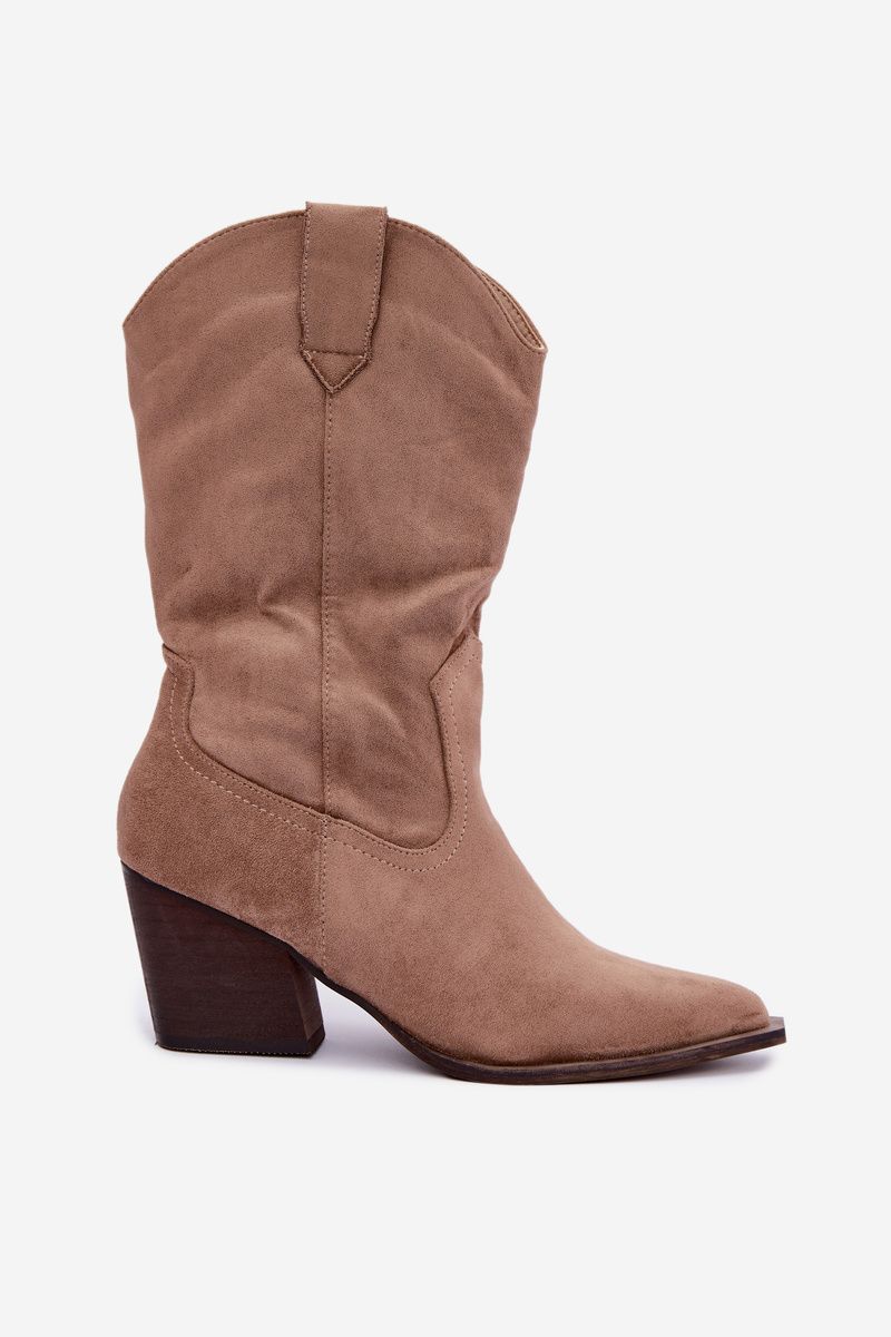 Beige Stiefelette mit Blockabsatz aus Velourslederimitat