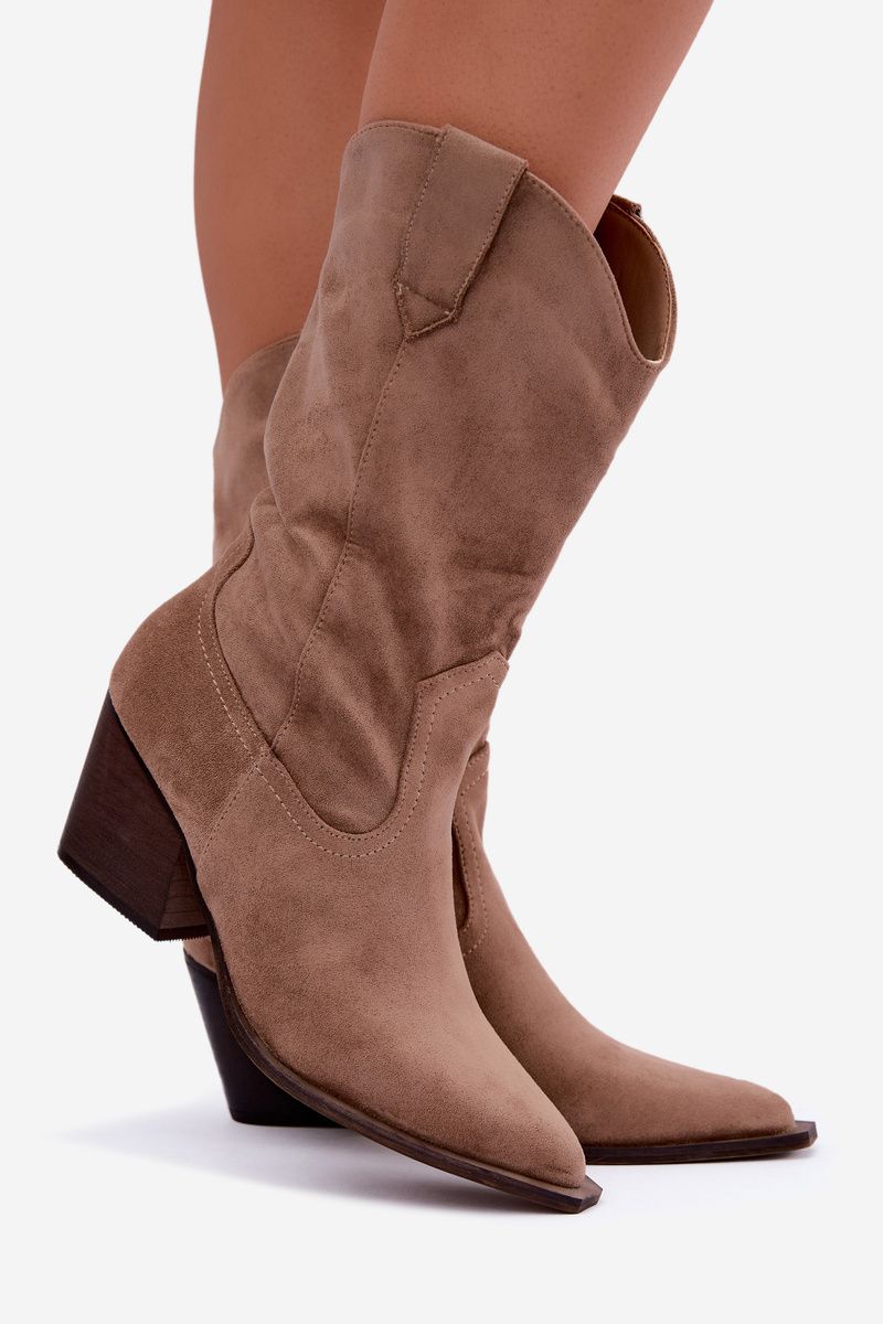 Beige Stiefelette mit Blockabsatz aus Velourslederimitat