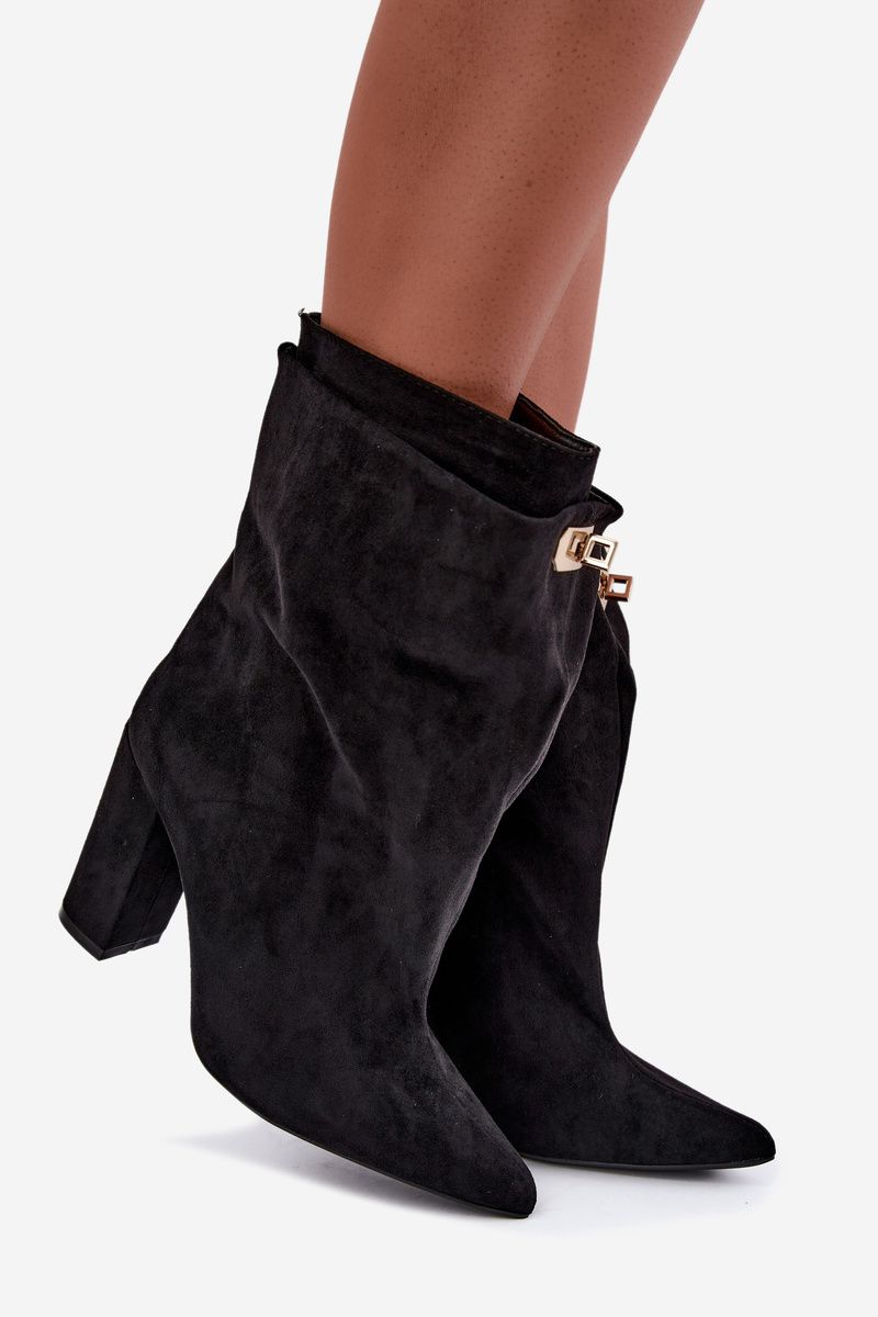 Schwarze gefütterte Stiefelette aus Velourslederimitat mit Blockabsatz