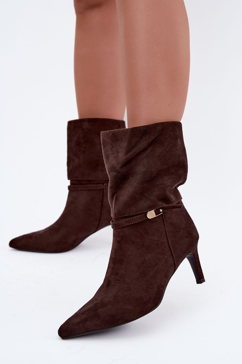 Braune gefütterte Stiefelette mit Stiletto-Absatz und Riemen