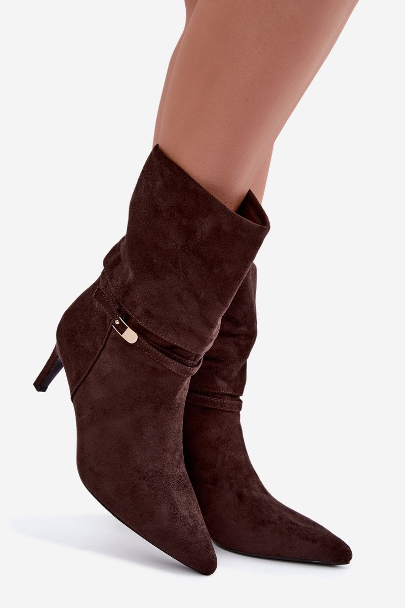Braune gefütterte Stiefelette mit Stiletto-Absatz und Riemen