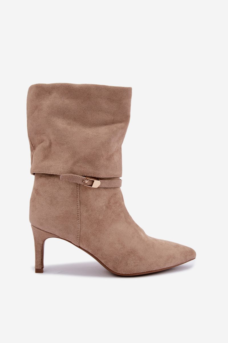 Beige gefütterte Stiefelette mit Stiletto-Absatz und Riemen