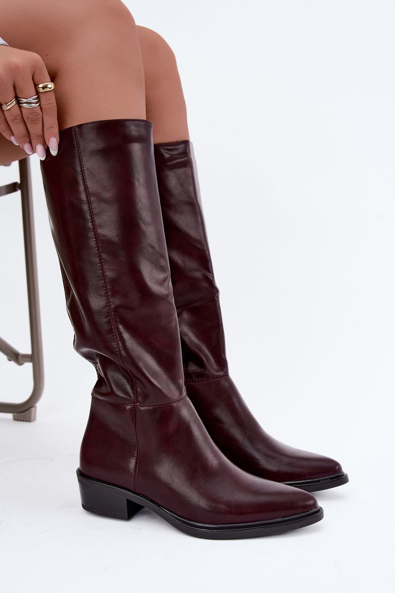 Gefütterte bordeauxfarbene Overknee-Stiefel mit niedrigem Absatz