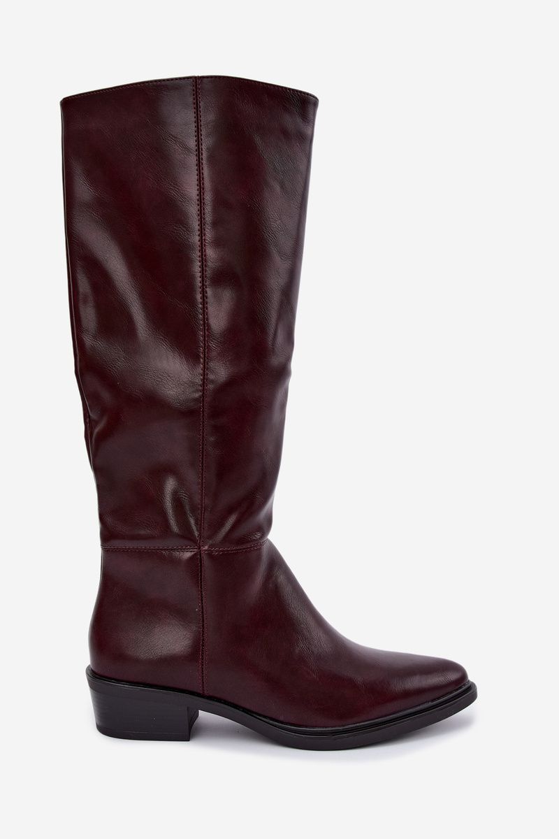 Gefütterte bordeauxfarbene Overknee-Stiefel mit niedrigem Absatz