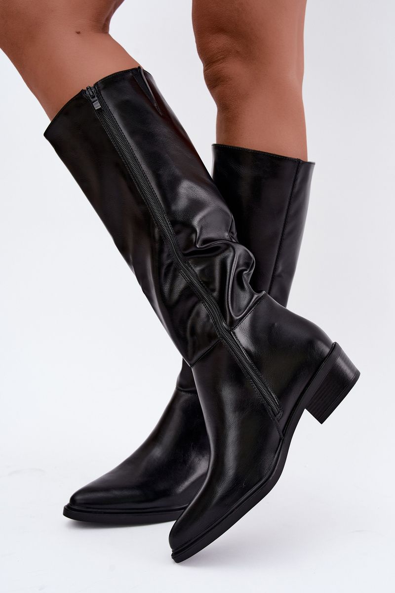 Gefütterte Overknee-Stiefel mit niedrigem Absatz schwarz