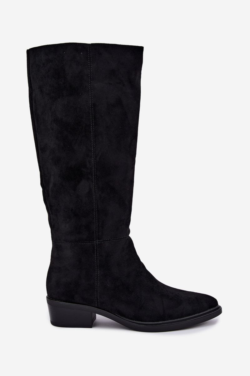 Gefütterte schwarze Overknee-Stiefel aus Veloursleder mit niedrigem Absatz
