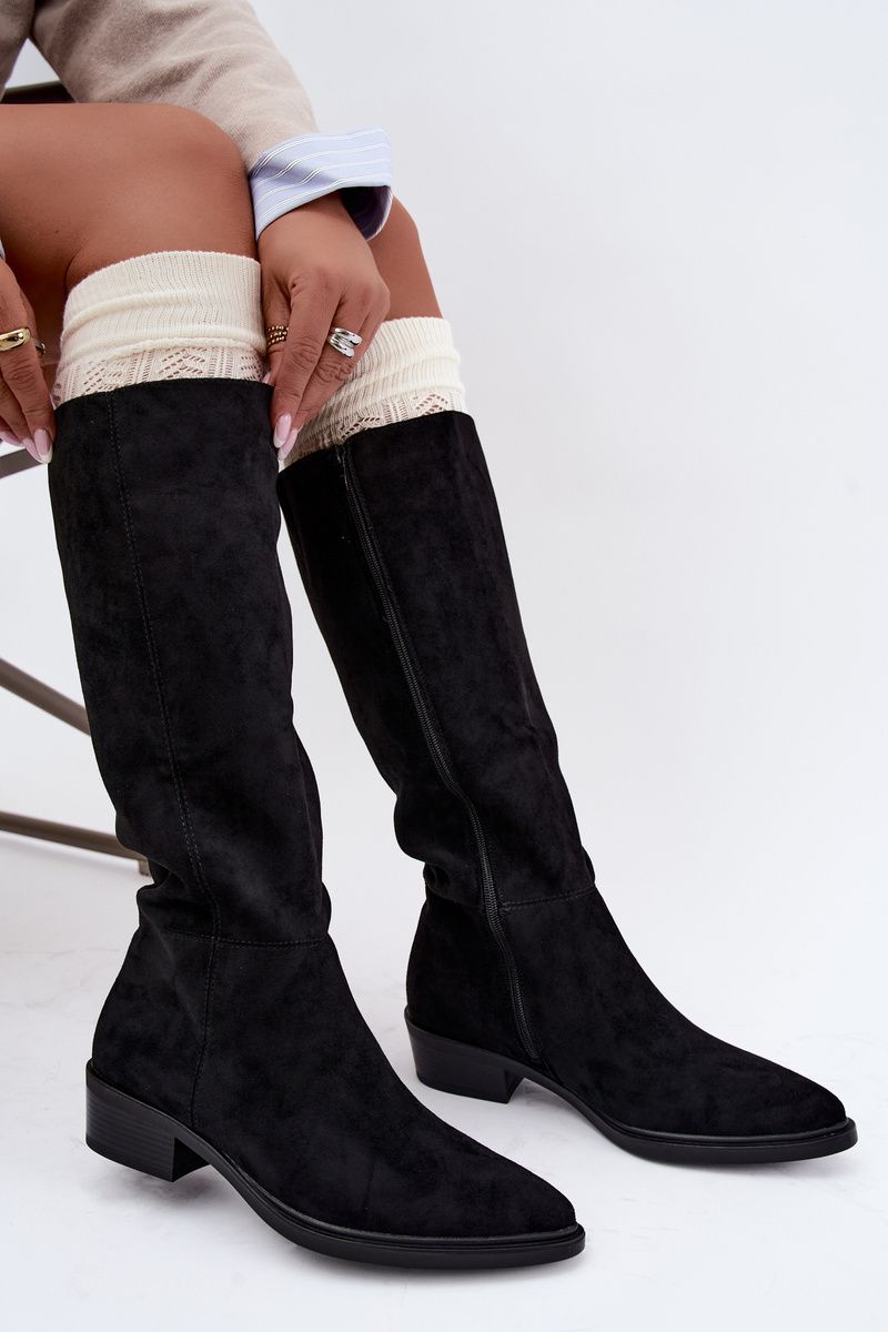 Gefütterte schwarze Overknee-Stiefel aus Veloursleder mit niedrigem Absatz