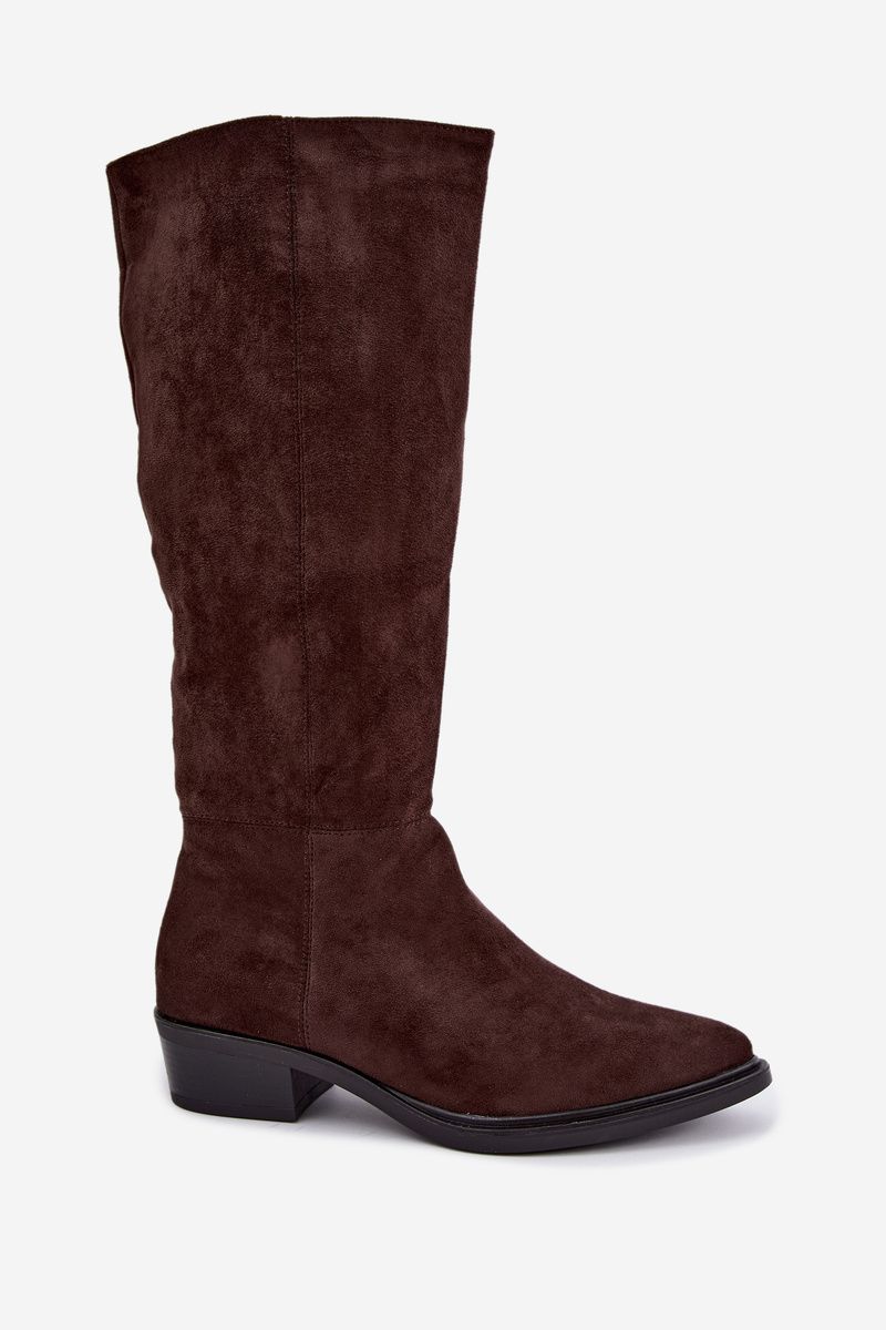 Gefütterte braune Overknee-Stiefel aus Veloursleder mit niedrigem Blockabsatz