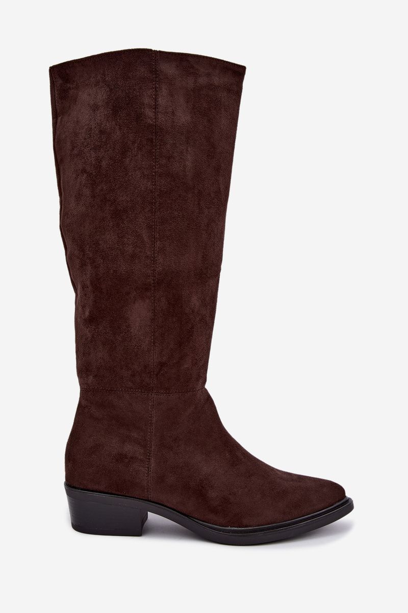 Gefütterte braune Overknee-Stiefel aus Veloursleder mit niedrigem Blockabsatz