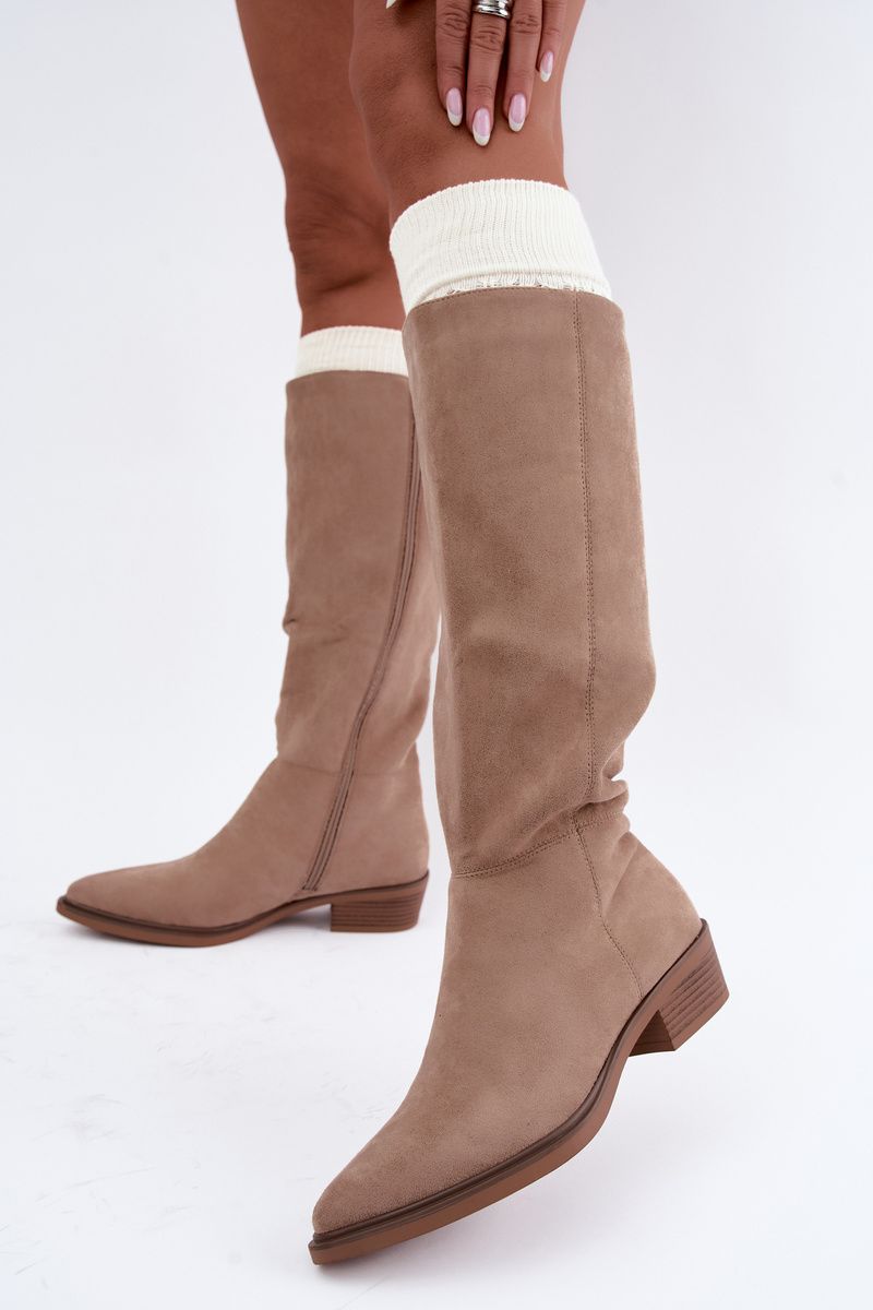 Gefütterte beige Overknee-Stiefel aus Veloursleder mit niedrigem Blockabsatz