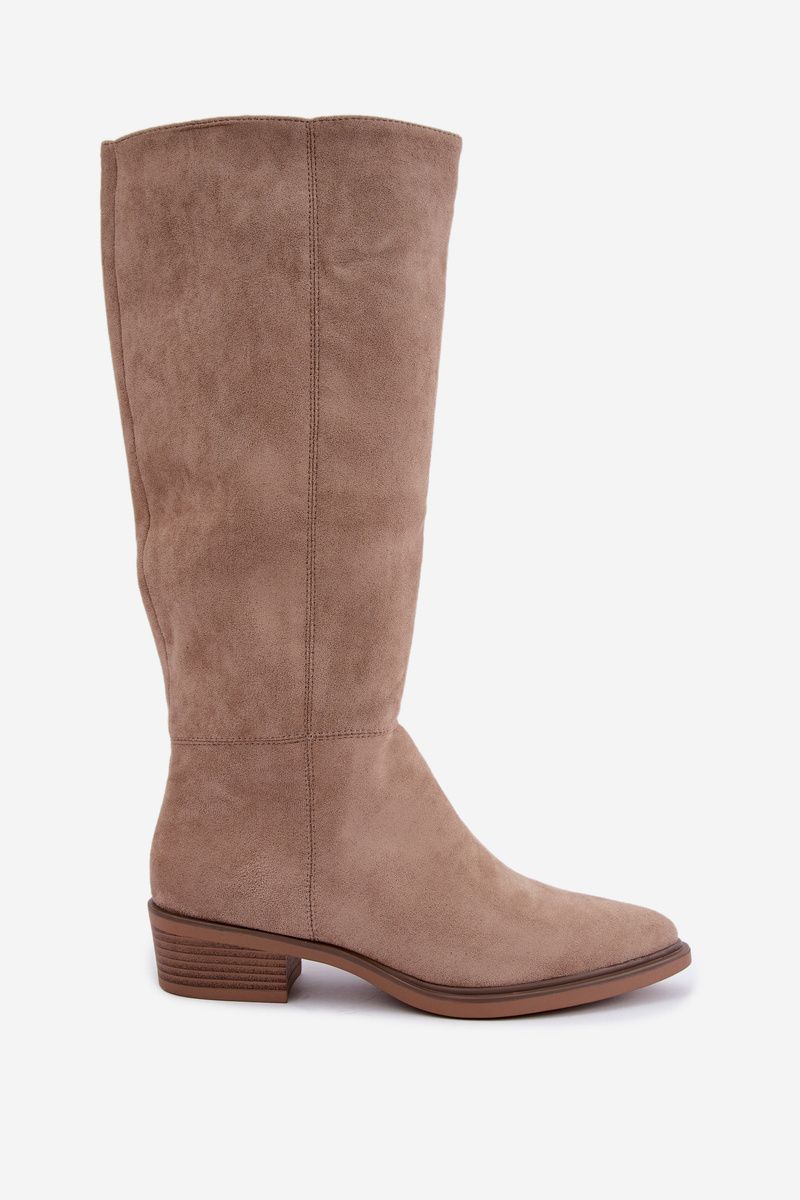 Gefütterte beige Overknee-Stiefel aus Veloursleder mit niedrigem Blockabsatz