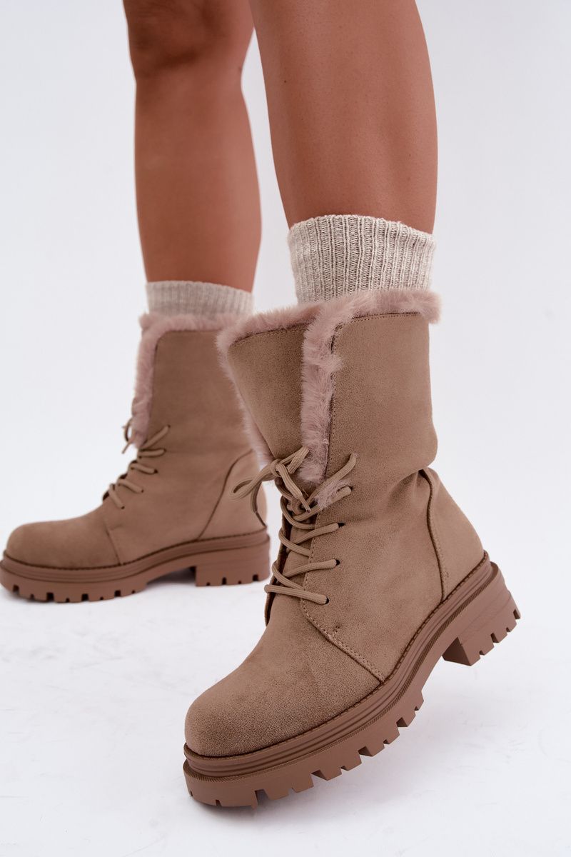 Beige gefütterte Ankle-Boots aus Wildlederimitat