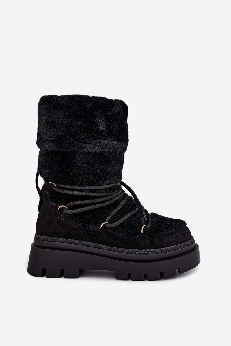 Schwarze Schneestiefel mit Fellbesatz und Plateausohle