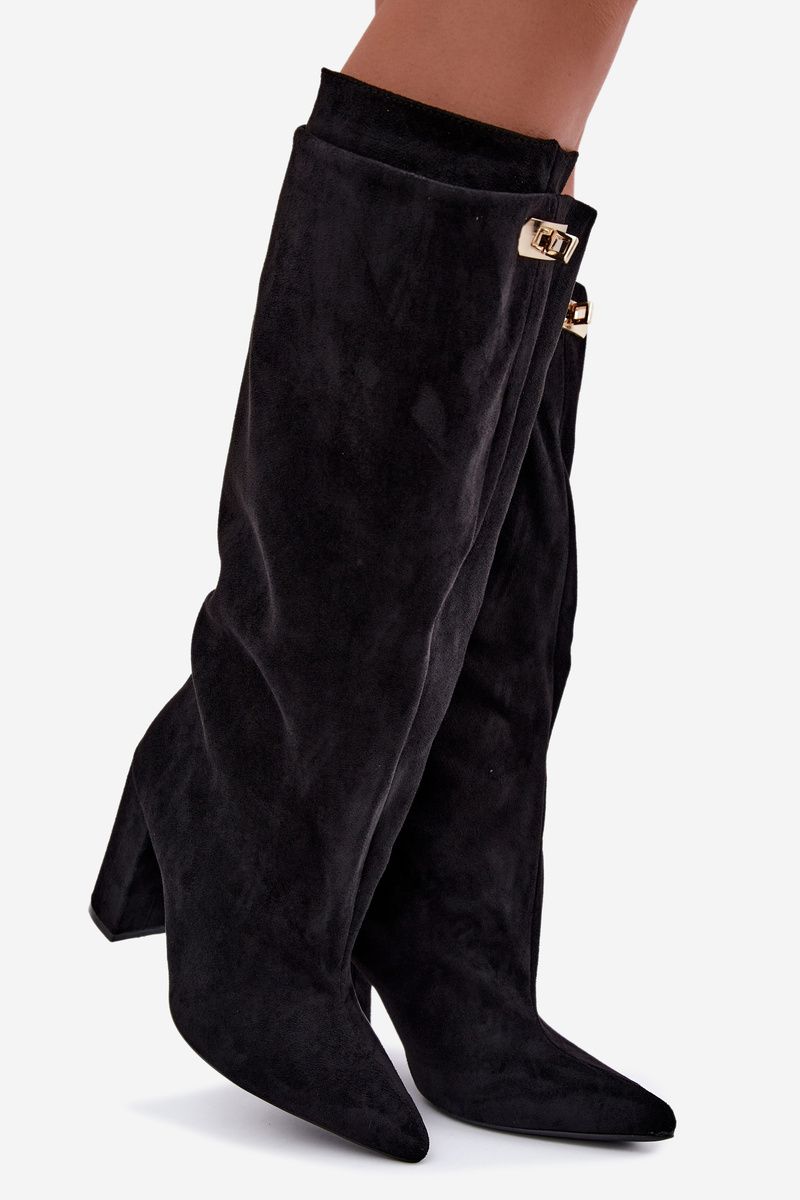 Schwarze Overknee-Stiefel mit doppeltem Schaft und Blockabsatz, gefüttert