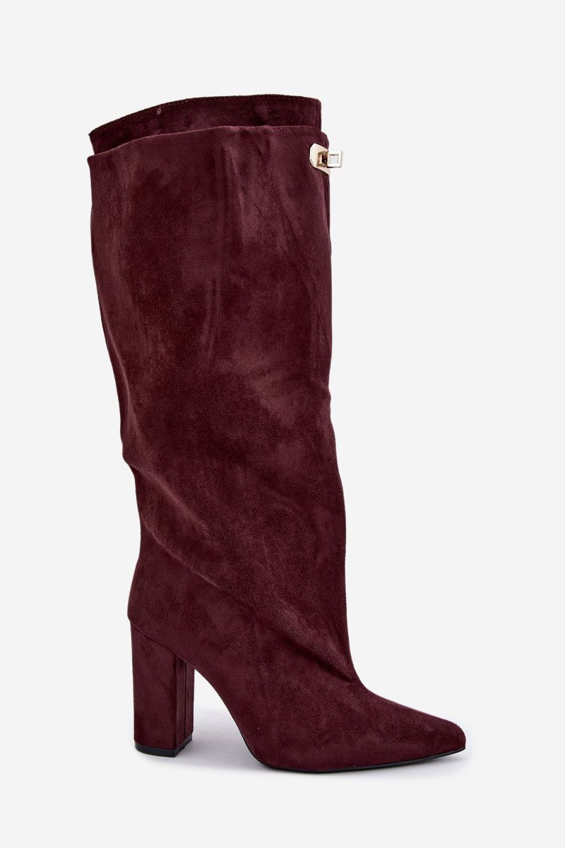 Gefütterte Overknee-Stiefel aus rotem Veloursleder mit Blockabsatz