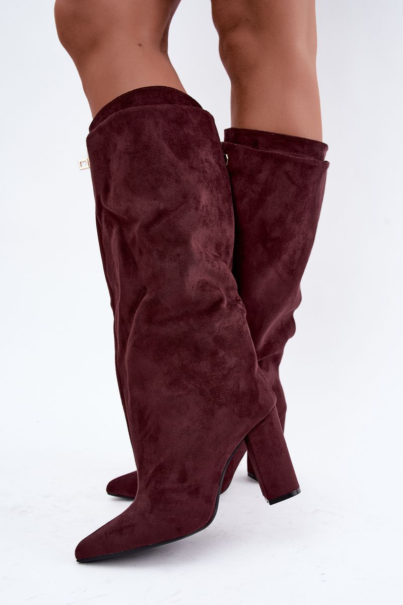 Gefütterte Overknee-Stiefel aus rotem Veloursleder mit Blockabsatz