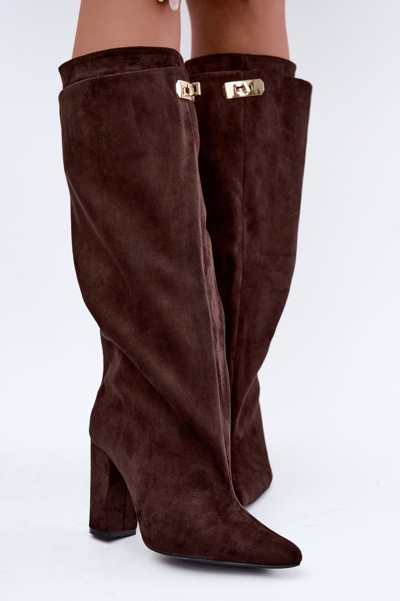 Gefütterte Overknee-Stiefel aus Veloursleder mit Blockabsatz, braun