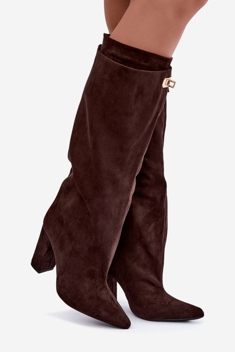 Gefütterte Overknee-Stiefel aus Veloursleder mit Blockabsatz, braun